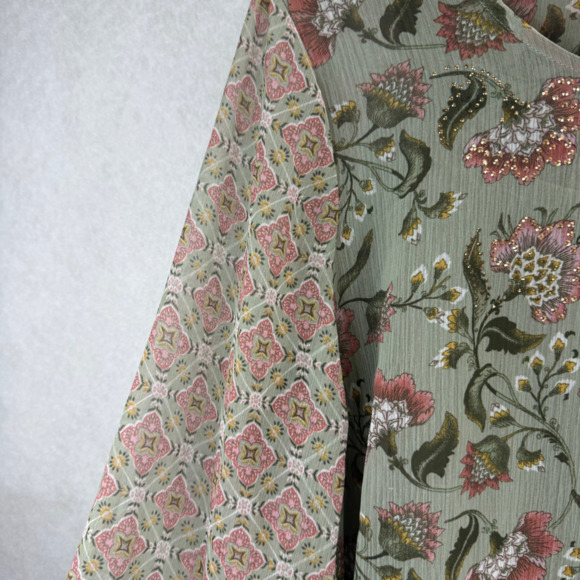 One World Green Floral Lined Sequin Tassel Sheer Blouse Sz L Boho Festival Beach - Picture 5 of 10